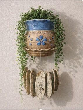 Terry Myhren Studio Art Pottery Wall Hanging Planter Wind Chime, Blue, Signed